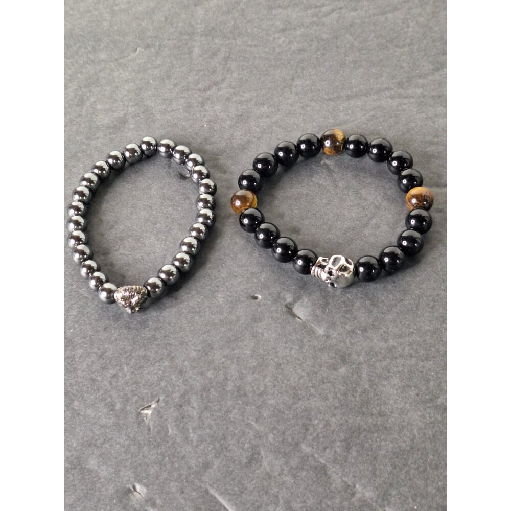 Tiger Eye Black Onyx Stone Skull & Hematite Lion Head Stretch Bracelets(2)